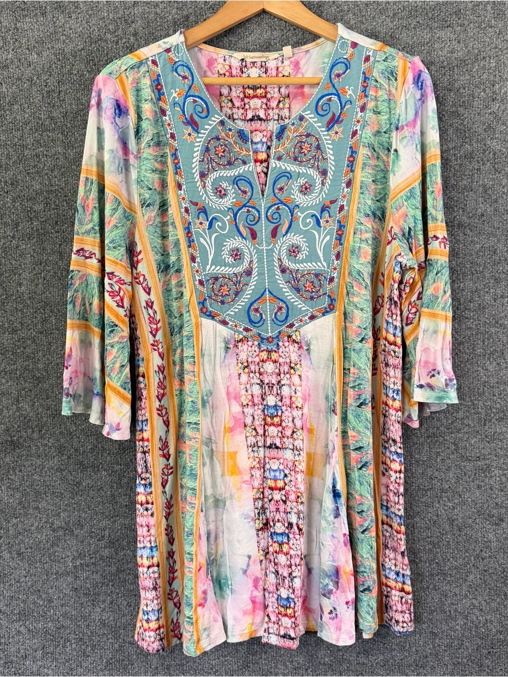 Soft Surroundings Womens XL Tunic Top Embroidered Floral Boho Printed 3/4 Sleeve